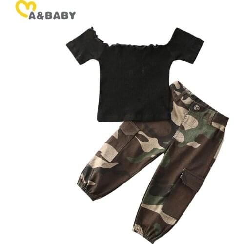 Ma&Baby 1-6Y Toddler Kid Child Baby Girls Clothes Sets Off Shoulder Black T Shirts Tops+Camouflage Pants Outfits Costumes