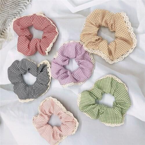 Fashion Korean College Style Simple Fresh Plaid Fabric Lace Large Intestine Ring Sweet Girl Womens Ponytail Hair Accessories