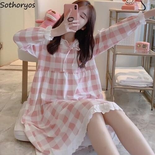 Women Nightgowns Plaid Princess Sweet O-neck Bow Plus Size 2XL Korean Style Womens Comfortable Soft High Quality Loose Ulzzang