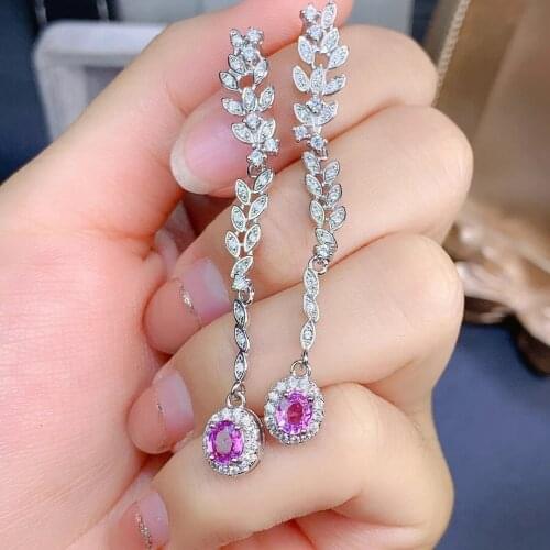 Personality long leaf Wheat S925 silver natural pink sapphire drop earrings natural gemstone earrings woman party gift jewelry