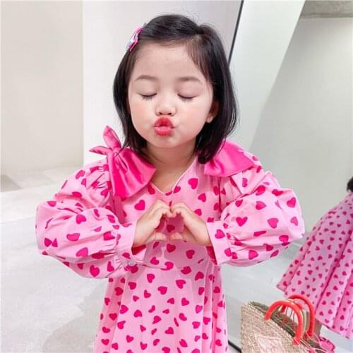 Girls Princess Dress 2021 Autumn Baby Girl Pink Full Print Love Western Bow Big Skirt Long Skirt