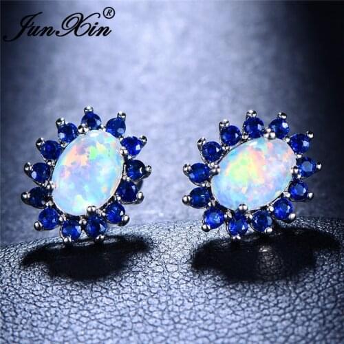 JUNXIN Oval White Fire Opal Earrings Blue Green Purple Zircon Sunflower Stud Earrings For Women Rainbow Birthstone Earring Studs