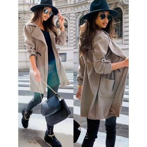 Autumn Winter Women Fashion Solid Drawstring Trench Long Sleeve Pocket Classic Outwear Streetwear Femal Windbreaker 2021