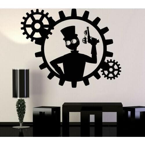 Vinyl Wall Decal Steampunk Man Gun Gears Window Glass Stickers Cool Style Bedroom Man Cave Home Decor Murals Removable S1213