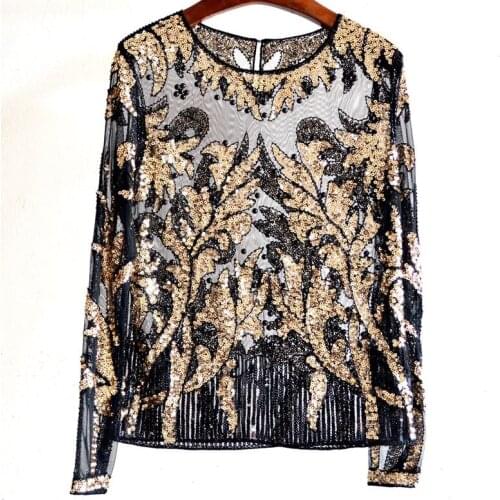 Vintage O-Neck Long Sleeve Heavy Embroidered Leaf Floral Sequin Beaded Mesh Top See-Through Lace Shirt Women Blouse
