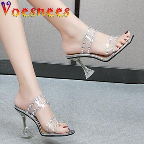 Voesnees 2021 Summer New Women Slippers Transparent PVC Shiny Diamond Sequins Sexy Sandals 9CM Fashion Party High Heel Shoes