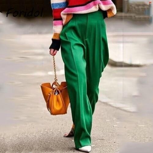 Foridol Green Blazer Long Women Pants High Fashion Streetwear Elegant Office Ladies Pants Autumn Winter Female Pants Clothes