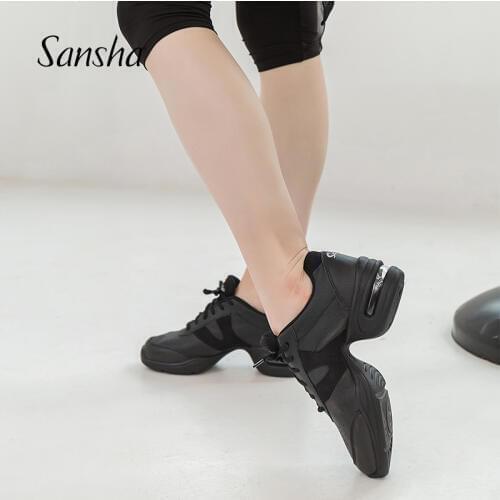 Sansha Genuine Pig Leather Dance Sneakers Black Comfortable Salsa Jazz Air-Cushion Dance Shoes H166LPI