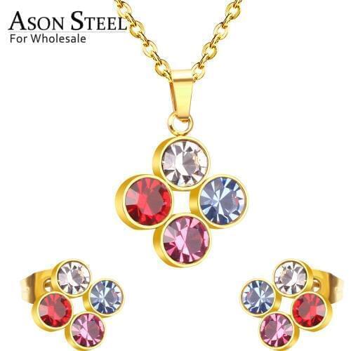 ASONSTEEL 316L Stainless Steel Zircon Gold Bridal Wedding Jewelry Sets for Women 2019 Flower Necklace Pendant Small Stud Earring