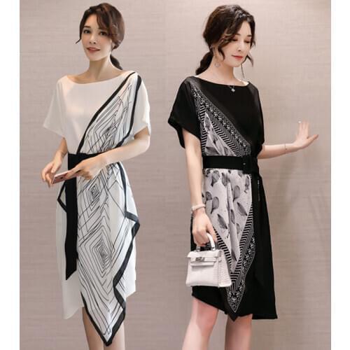 Women dresses print Scarf pathwork dresses A-line knee-length Asian Style dresses young ladies dresses