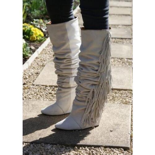 Women Knee High Suede Fringe Boots Black/White/Gray Platform Wedged Tall Boots New Brand Fashion Women Motorcycle Tassel Boots