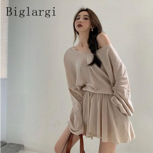 Summer Two 2 Piece Set Women Loose Casual Long Sleeve Sun Protection Ladies Shirt High Waist Shorts Skirts 2021 Korean Skirt Set