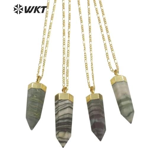 WT-N1301 Wholesale long Energy Spirit quartz point necklace gold fashion Natural hexagon jade stone pendant necklace