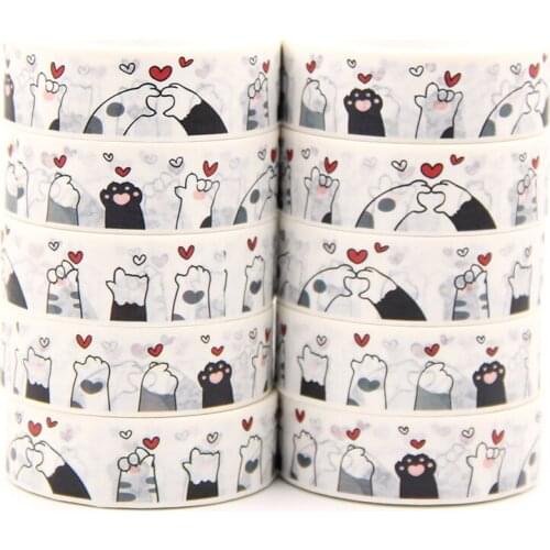 10pcs/Lot 15mm x 10m Cat Paws with Little Heart Washi Tape Scrapbook Paper Masking Adhesive Washi Tape Set Packaging tape