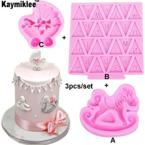 C239 3D Baby Stroller Mold Trojan Silicone Mold Flag Letter Chocolate Border Fondant Cake Decoration Children Party 3PCS/SET