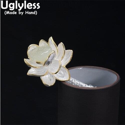 Uglyless Blooming Lotus Flowers Brooches for Men Elegant Suits Dress Jewelry 925 Silver Women Lotus Jade Pins Hair Sticks Gems