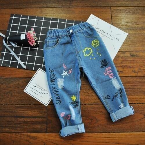 Childrens Clothing Jeans Trousers Spring Girl Personalized Print Kids Hole Denim Pant