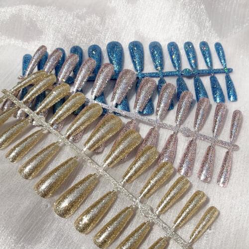 Factory Outlet Super Long Coffin Nails Girl Ballet False Nails Finished Nail Art Solid Color Glitter Shiny Blingbling Fake Nails