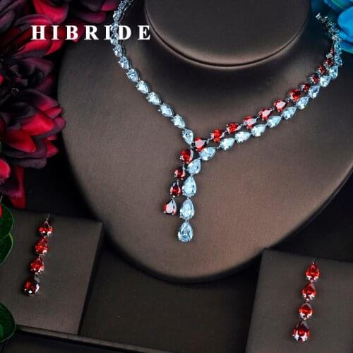 HIBRIDE Brilliant Red Water Drop Full Cubic Zirconia Jewelry Sets For Women Bride Necklace Set Wedding Accessories Gifts N-425
