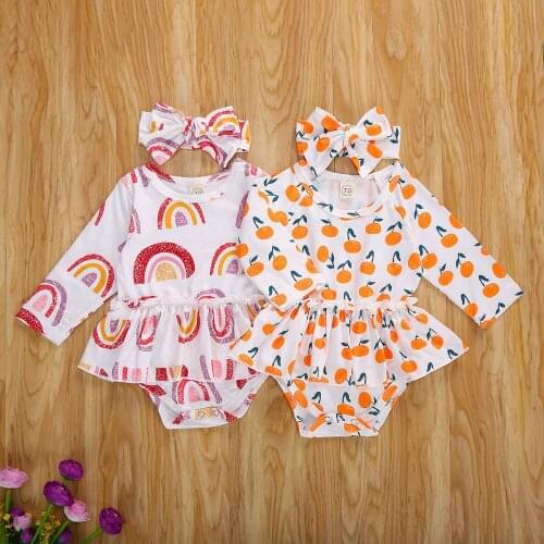 Baby Girl’s Rainbow Orange Print Jumpsuits Summer Autumn Toddler Kids Long Sleeve Ruffle Romper Headband 0-18M