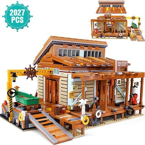 New Creator Fisherman House Architecture Building Block Fishing Boat Repair Station Bricks Toys Birthday Gift For Adult