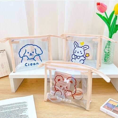 Koreann Ins Cartoon Animals PVC Pencil Bag Waterproof Transparent Large Capacity Cosmetic School Supplies Stationery Storage Bag