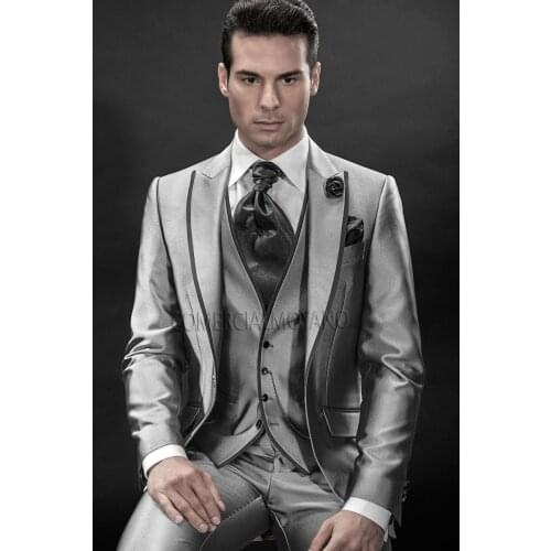 Fashionable Shiny Silver Mens Business Suits Groom Tuxedos Wedding Party Blazer Suit Customize (Jacket+Pants+Vest+Tie) NO:86