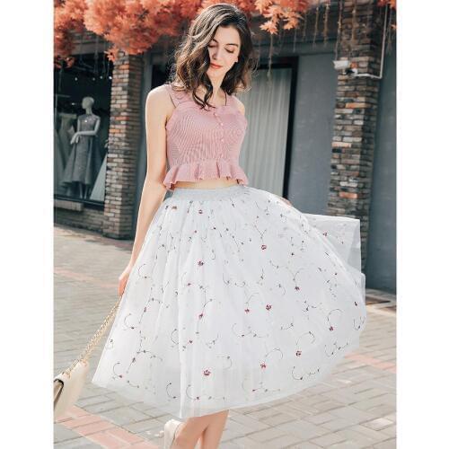 Fashion Midi Mesh Tulle Skirts Womens Vintage Pleated Floral Embroidery Elegant Party Skirt Wedding High Waist Skirt