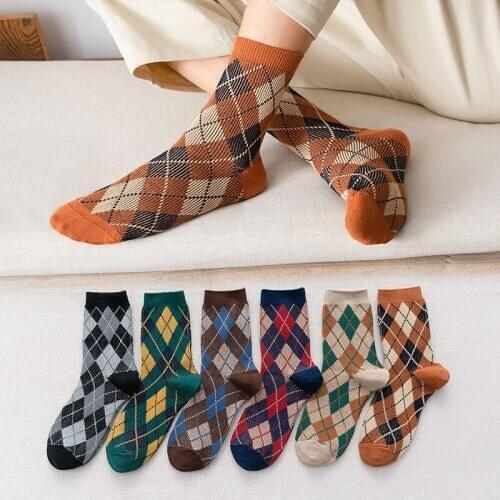 FRALOSHA Mens Crew Business Socks Dropshipping Combed Cotton Socks Classical Solid Color Plaid Diamond Socks