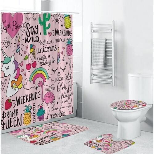 Shower Curtain Set Letter Plant Pattern Soft Bathroom Non-slip Mat Carpet Toilet Mat Four-Piece Combination Home Decoration