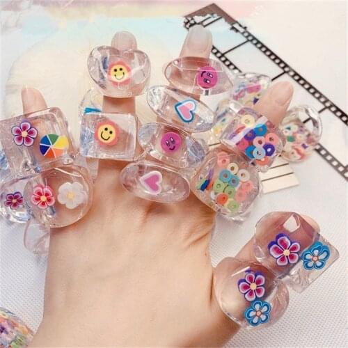 1PCS New Korean Summer Hot Transparent Acrylic Resin Geometry Irregular Square Round Cute Smiley Ring for Women Girls Jewelry