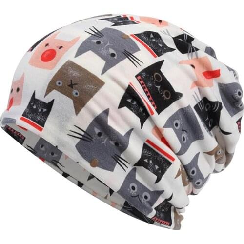 2021 Cotton Autumn winter Skullies cap beanie hat Cartoon Cat print turban Hat scarf dual use for Men and Women 57