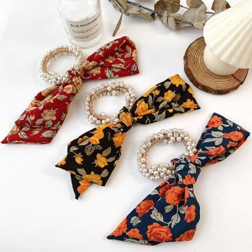 Romantic Flower Temperament Streamer Hair Rope Retro Pearl Hair Ring Floral Bow Cute Sweet Head Rope Hair Accessory
