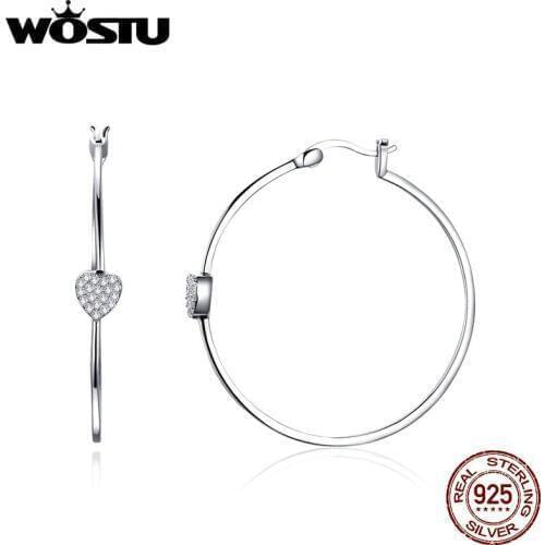 WOSTU Authentic 925 Sterling Silver Fashion Heart Round Drop Earrings Clear CZ For Women Jewelry Earrings Luxury Gift CQE518