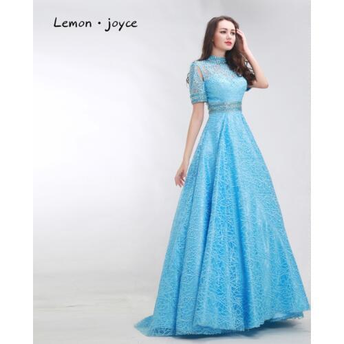 Blue Prom Dresses 2020 with Short Sleeves Illusion A-Line Party Gowns High Neck Beading Lace Long Evenig Dress Plus