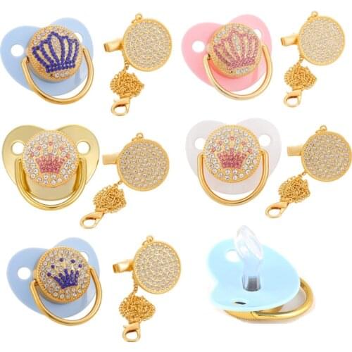 BPA Free Crystal Crown Rhinestones Baby Pacifiers Luxury Pacifier Clip Chain Nipple Holder Soother for Newborn Baby Shower Gifts