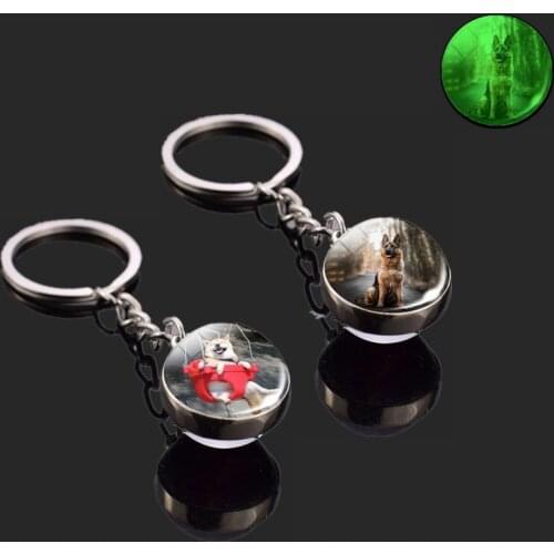 Luminous Animal Keychain Cute Dog Double-Sided Glass Ball Keychain Bulldog Shiba Inu Shepherd Car Keyring Pendant Jewelry Gifts