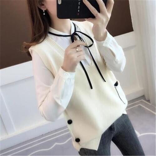 2020 Sweater Vest Women Solid Pocket Side-split Button Knitted V-neck Sleeveless Female All-match Korean-style Loose Tops ZY5156