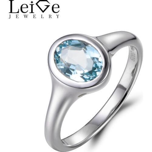 Leige Jewelry Natural Blue Aquamarine Ring Vintage Ring Oval Cut Gemstone 925 Sterling Silver March Birthstone Solitaire Ring