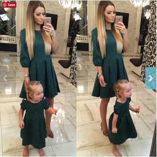 Green Dark Floral Pattern Half-Sleeve Shirt Slim Womens Mom and Girl Dress Parent-Child Matching Outfit
