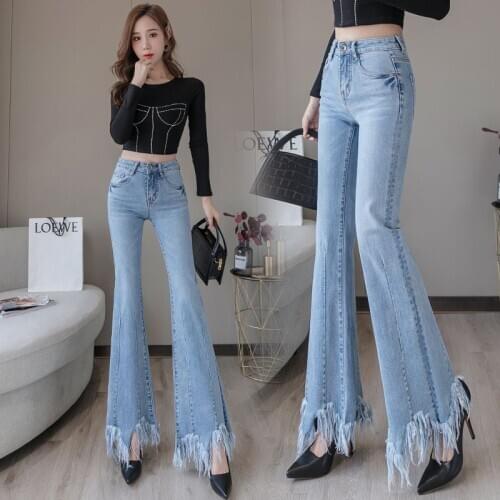2021 New Fashion Women Irregular Flare Pants Stretch High Waist Lifting Buttocks Jeans Wide Leg Denim Trousers Winter Autumn A48