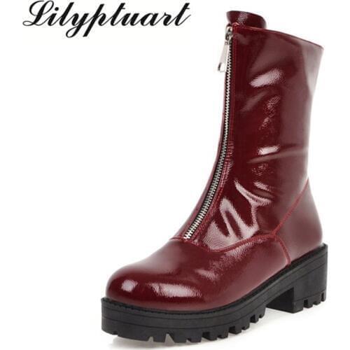 2019 in the tube female thick-bottomed muffin motorcycle boots wine red single boots low with autumn and winter new trade boots