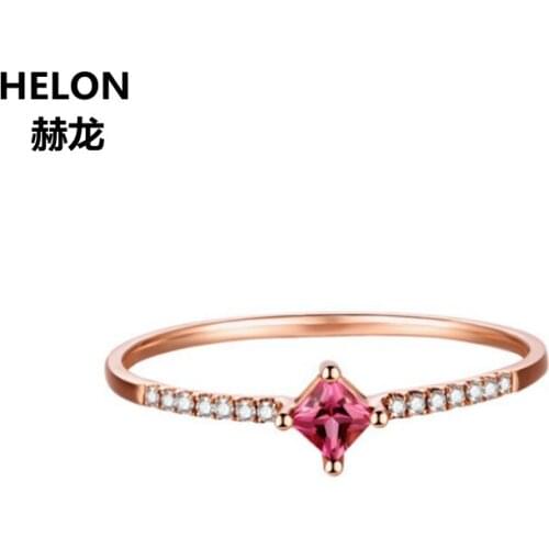 Solid 14k Rose Gold Natural Diamonds Engagement Ring for Women Pirncess Cut Tourmaline Ring Fine Jewelry Gift