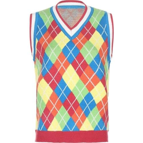 Women Knit Sleeveless Vest Colorful Rhombus Plaid Sweater V-Neck Loose Tank Top 50JB