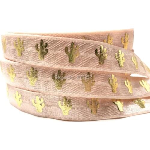 10Y New Arrived Cactus Print Fold Over Elastic Gold Foil 5/8" FOE Ribbon Peach Cacti Elastic for DIY Accessory Handmade Hair Tie