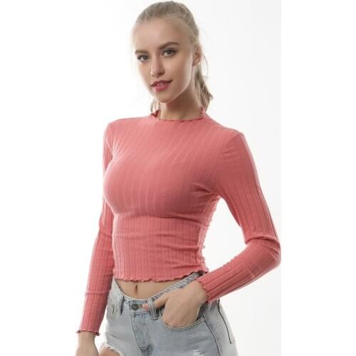 2018 Autumn Fashionable Skintight Long Sleeved Women Tops Pure Color Ruffled T-shirts Sweet Style Pink White Black T-shirts