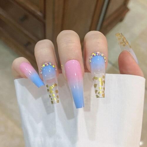 24pcs Hot Rhinestone Coffin Long False Nails Wearable Detachable Ballerina Fake Nails Full Cover Press On Nail Tips With Design
