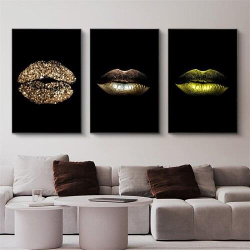 Abstract Golden Sexy Lips Canvas Art Posters And Prints Black Woman Canvas Paintings on the Wall Art Pictures Home Wall Decor
