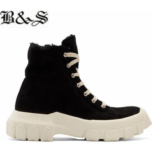 Black& Street 2019 winter warm fur inner platform suede leather lace up trainer Boots rock street casual Boots