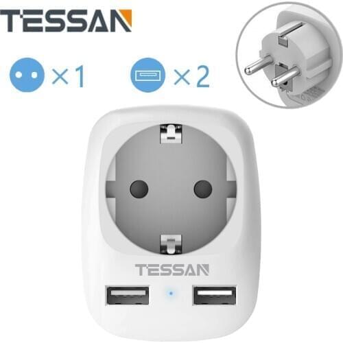 TESSAN Travel Adapter Mini Size Socket with 2 USB Charging Ports EU Plug Power Strip Wall Outlet